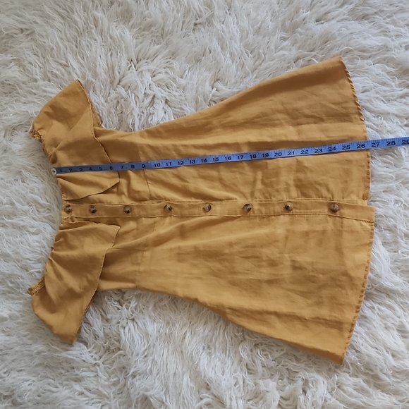 asos Pull&Bear Off Shoulder Ruffle Button Down Linen Dress in Honeycomb Gold - Picture 9 of 12